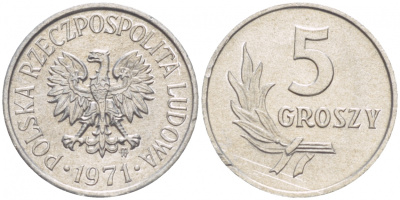 ПОЛЬША 5 ГРОШЕЙ 1971 MW KM А46 алюминий UNC 4549-114