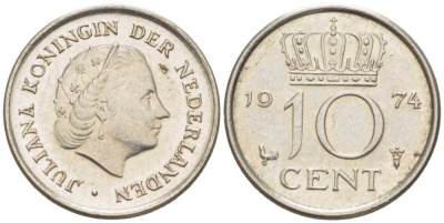 НИДЕРЛАНДЫ 10 ЦЕНТОВ 1974 ЮЛИАНА (1948-1980) KM 182 никель 116-541