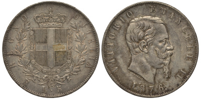 Италия 5 лир 1876 R, Виктор Эммануил II (1861-1878) II KM 8.4 серебро 1521-1412