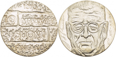 Финляндия 10 марок 1970 S-H, день рождения президента Юхо Паасикиви KM 51 серебро UNC 1515-1414