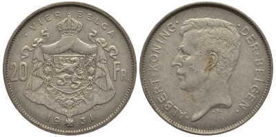 БЕЛЬГИЯ 20 ФРАНКОВ 1931 АЛЬБЕРТ, DER BELGEN KM 102 никель 3896-1241
