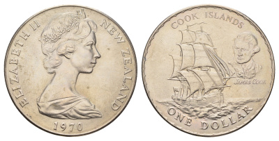 Новая Зеландия 1 доллар 1970 Острова Кука, тираж 25.075 экземпляров KM 43 медно-никель BU 4537-723