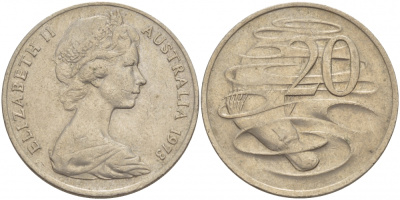 Австралия 20 центов 1973 Елизавета II (1952-2022), утконос KM 66 медно-никель 215-1115