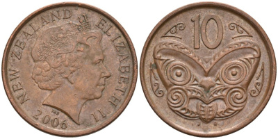 Новая Зеландия 10 центов 2006 маска Маори, Елизавета II (1952-) KM 117а сталь плакированная медью 186-511