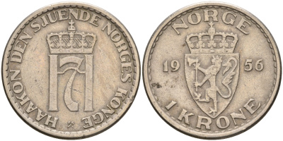 Норвегия 1 крона 1956 Хокон VII (1905-1957) KM 397 медно-никель 4606-712