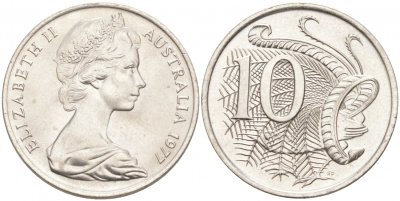 Австралия 10 центов 1977 Елизавета II (1952-), птица лирахвост KM 65 медно-никель UNC 3853-1214