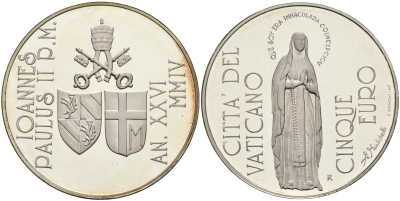 Ватикан 5 евро + 10 евро 2004 150 лет провозглашения догмата о непорочном зачатии, Дева Мария, древо жизни, в оригинальных коробках с сертификатами KM 359, 360 серебро PROOF 2-4-2-24