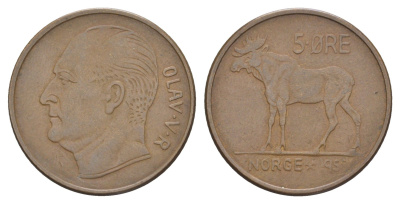 Норвегия 5 эре 1958 Улаф V (1957-1991) KM 405 бронза 4587-1036