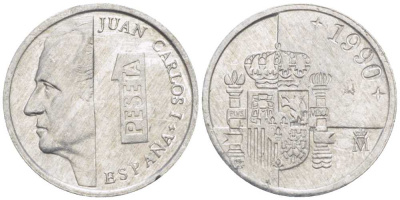 ИСПАНИЯ 1 ПЕСЕТА 1990 ХУАН КАРЛОС I (1975-) KM 832 алюминий 214-112