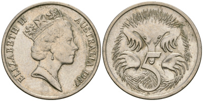 Австралия 5 центов 1987 Елизавета II (1952- ), ехидна KM 80 медно-никель 4608-826