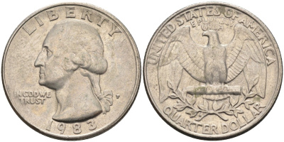 США 25 центов = квотер 1983 P, Вашингтон KM A164a медь плакированная медно-никелем 4584-1151