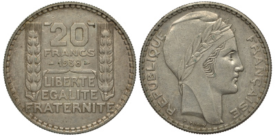 Франция 20 франков 1938 Пьер Тюрен KM 879, Le Franc 400.7 серебро 633-1033