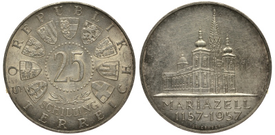 Австрия 25 шиллингов 1957 800 лет Базилике Мариацелля KM 2883 серебро aUNC 1520-134