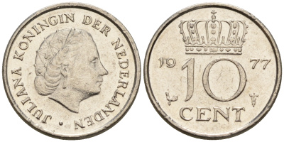 Нидерланды 10 центов 1977 Юлиана (1948-1980) КМ 182 никель    4602-537