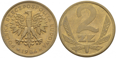 ПОЛЬША 2 ЗЛОТЫХ 1984 MW KM 80.1 латунь 112-1267