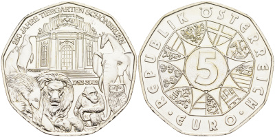 Австрия 5 евро 2002 250 лет Шенбруннскому зоопарку KM 3091 серебро  UNC  1522-1412