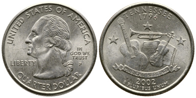 США 25 центов = квотер 2002 P, серия штаты США, Теннесси KM 331 медь плакированная медно-никелем UNC 80-254