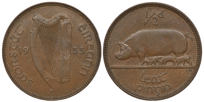 Ирландия 1/2 пенни 1933 свинья с поросятами KM 2 бронза 1525-911