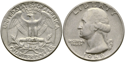 США 25 центов (квотер) 1966 Вашингтон KM 164a медь плакированная медно-никелем 4388-344