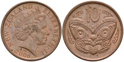Новая Зеландия 10 центов 2006 Елизавета II (1952-2022), маска маори KM 117а сталь плакированная медью 106-1242