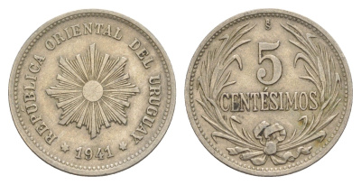 Уругвай 5 сентесимо 1941 KM 21 медно-никель 4650-634