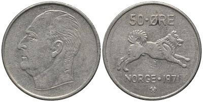 Норвегия 50 эре 1966 Улаф V (1957-1991), собака KM 408 медно-никель 4577-752