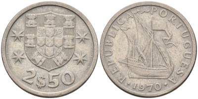 Португалия 2,5 эскудо 1970 корабль KM 590 медно-никель 4588-455