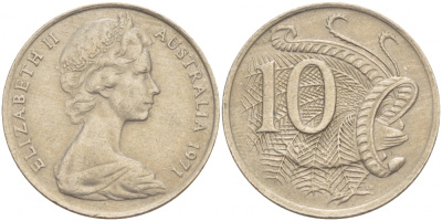 Австралия 10 центов 1971 Елизавета II (1952-), птица лирахвост KM 65 медно-никель 4539-1111