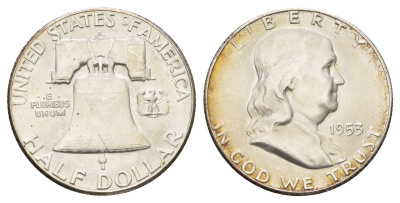 США 1/2 доллара (50 центов) 1953 S, Бенджамин Франклин, колокол KM 199 серебро aUNC 1531-1115