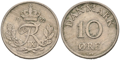 Дания 10 эре 1952 Фредерик IX (1947-1972) KM 841 медно-никель 4564-841