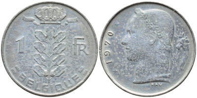 БЕЛЬГИЯ 1 ФРАНК 1970 BELGIQUE KM 142.1 медно-никель 4385-843