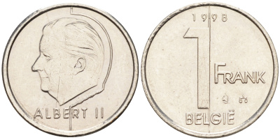 БЕЛЬГИЯ 1 ФРАНК 1998 BELGIE, АЛЬБЕРТ II (1993-) KM 188 железо плакированное никелем 4594-149
