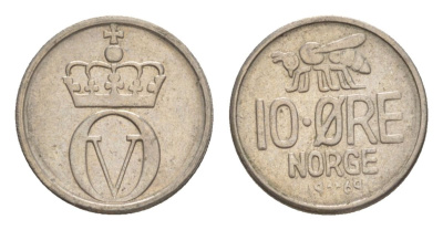 Норвегия 10 эре 1964 Улаф V (1957-1991) KM 411 медно-никель aUNC 4632-1151