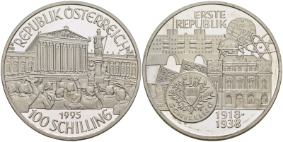 Австрия 100 шиллингов 1995 первая Республика, шиллинг KM 3034 серебро PROOF 1099-2-24