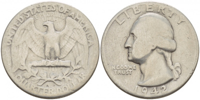 США 25 центов = квотер 1942 Вашингтон KM 164 серебро 4546-1242