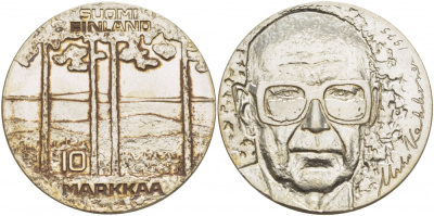 Финляндия 10 марок 1975 S-H, 75 лет президенту Урхо Кекконену KM 54 серебро UNC 1515-1532
