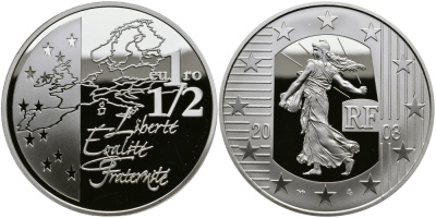 Франция 1 1/2 евро 2003 сеятель, евросоюз KM 2003 серебро PROOF 1068-10-12