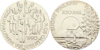 Финляндия 100 марок 1990 50 лет ассоциации ветеранов войны KM 67 серебро UNC 1066-4-24