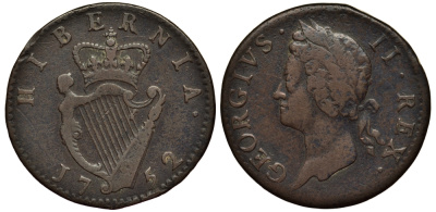 ИРЛАНДИЯ 1/2 ПЕННИ 1752 ГЕОРГ II KM 135 медь 1524-1223