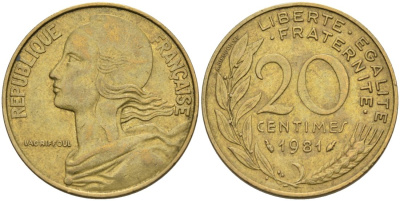 ФРАНЦИЯ 20 САНТИМОВ 1981 ТИП MARIANNE KM 930, LE FRANC 156.21 медь алюминий никель 4573-1046
