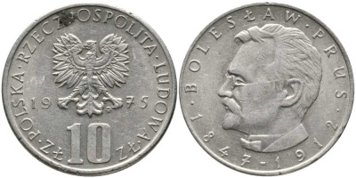 Польша 10 злотых 1975 MW, Болеслав Прус KM 73, Parchimowicz 242a медно-никель 110-831