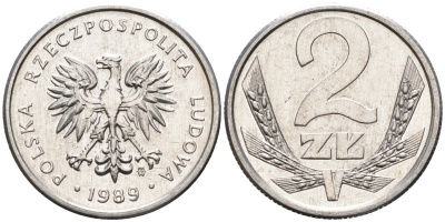 Польша 2 злотых 1989 MW, Народная Республика KM 80.3, Parchimowicz 219a алюминий UNC 4580-764