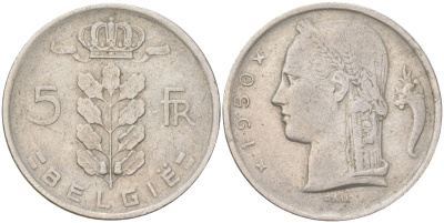 Бельгия 5 франков 1950 Belgique, Леопольд III (1934-1951) KM 135 медно-никель 4159-651