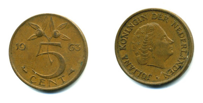 НИДЕРЛАНДЫ 5 ЦЕНТОВ 1963 ЮЛИАНА KM 181 бронза 76-427