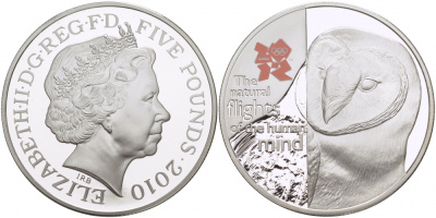 Великобритания 5 фунтов 2010 Елизавета II (1952-2022), XXX летние Олимпийские Игры в Лондоне в 2012, Британская фауна KM 1156, Spink LO46 серебро PROOF 00-00