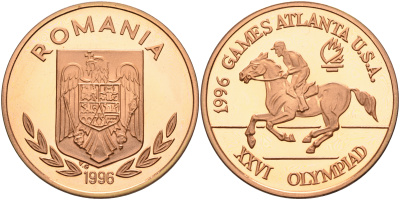 Румыния 100 леев 1996 XXVI Олимпийские игры 1996 года в Атланте, 100 лет Олимпийскому движению, скачки, пробный выпуск KM PnB 315B медь  PROOF  11-159-42