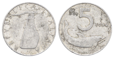 Италия 5 лир 1954 R, плуг, дельфин KM 92 алюминий 4611-925