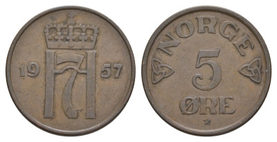Норвегия 5 эре 1957 Хокон VII (1905-1957) KM 400 бронза 4635-551