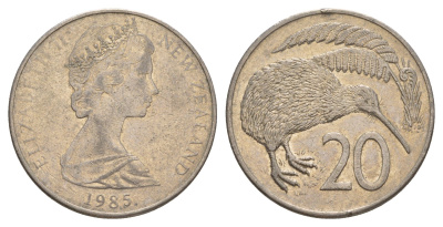 Новая Зеландия 20 центов 1985 Елизавета II (1952-2022), птичка киви KM 36.2 медно-никель 4182-1243