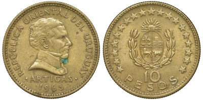 Уругвай 10 песо 1965 KM 48 алюминиевая бронза 4574-642